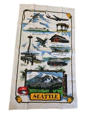 Vintage Seattle WA Souvenir Linen Tea Towel Kingdome Space Needle Retro NWOT